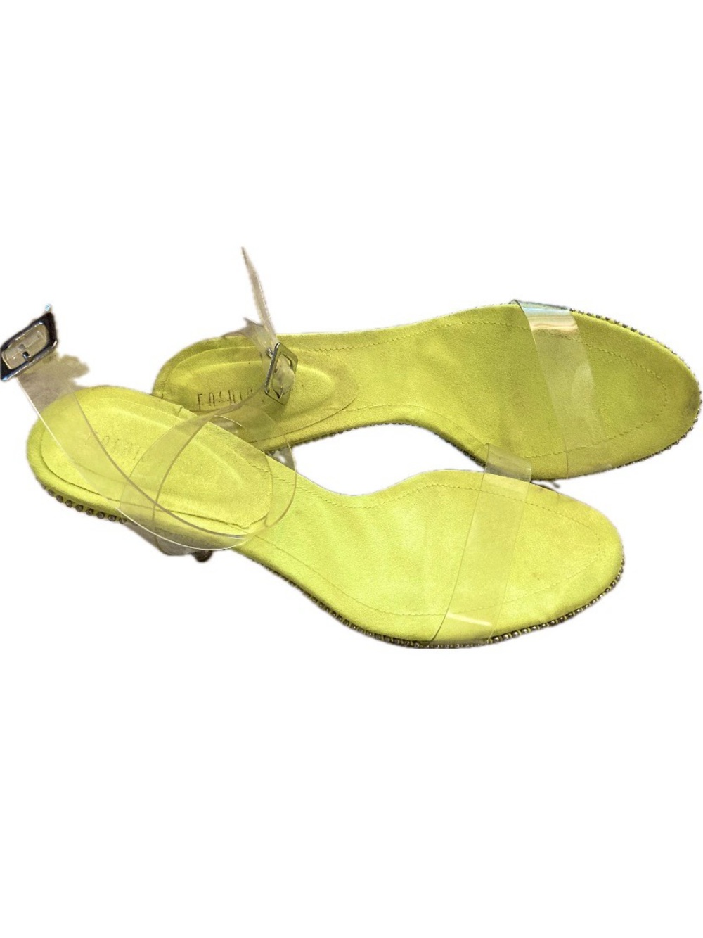 Fashion Nova Neon Yellow Green Heels Silver Studs Clear Adjustable Straps 8.5